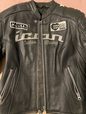 ICON Black Leather Racing Jacket with Silver Logos